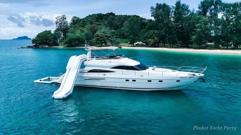 Afterglow 65 motor yacht with slide and flybridge for a Phuket party